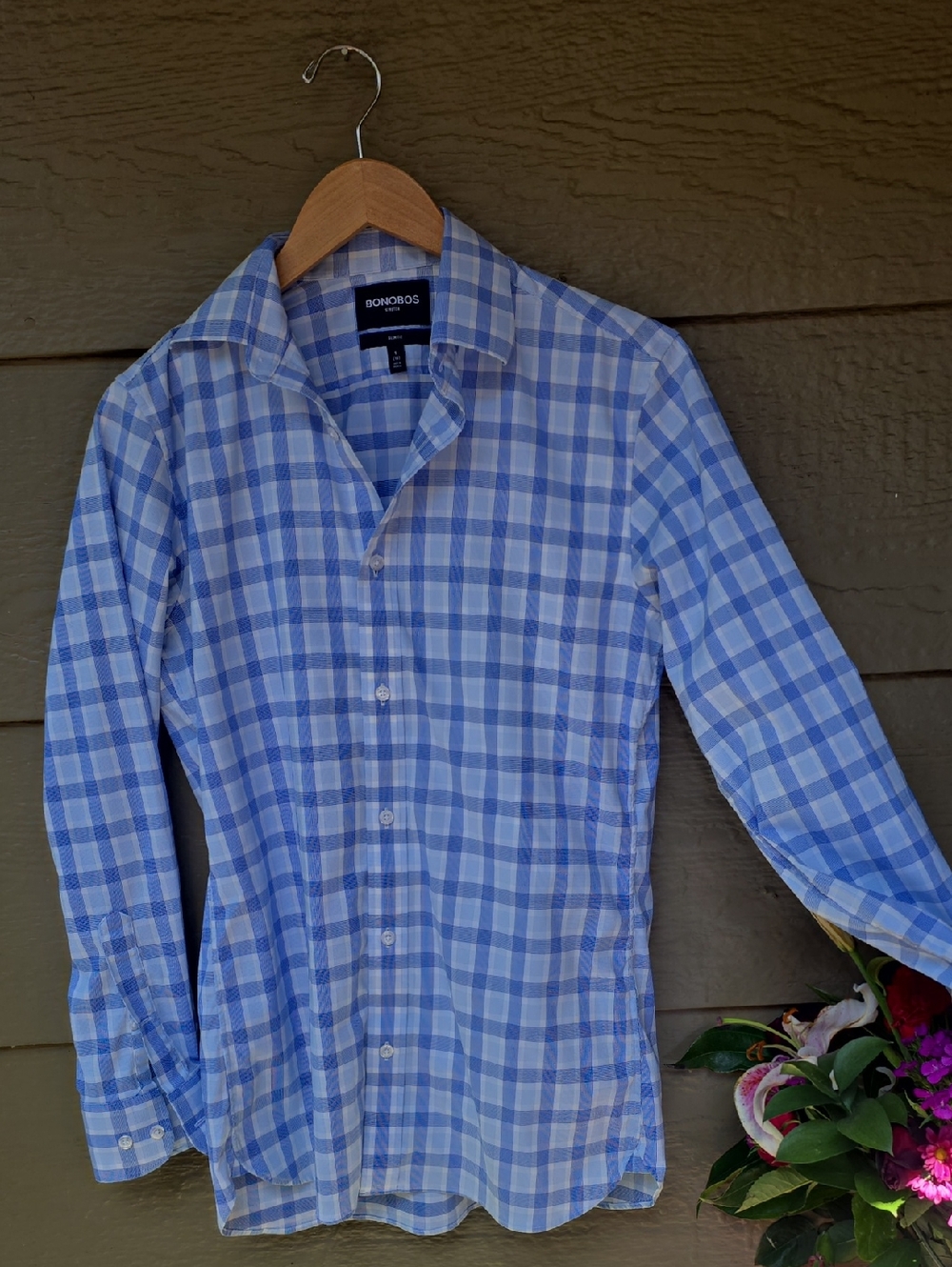 Bonobos Stretch Slim Fit Long Sleeve Blue Plaid Dress Shirt Small